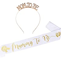 FLOFIA Kit Banda Mummy to Be Blanco Futura Mamá Fajín Faja de Satén + Tiara Diadema Mom to Be Sash para Bautizo…